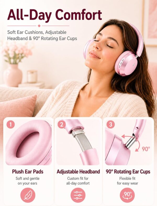 Wentronic Y05 Bluetooth Over-Ear Headphones with Active Noise Cancelling, Hi-Res Audio, 48H Playtime, Built-in Mic, Wired/Wireless, Works with iOS, Android & PC, Pink