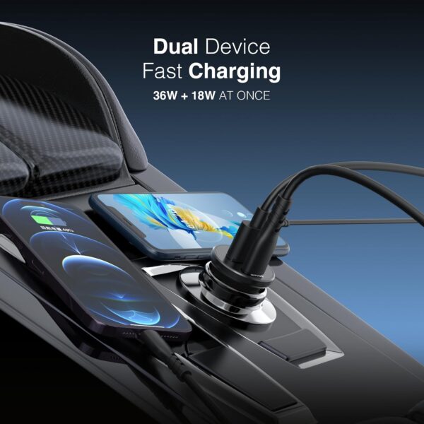 71FeqFJesnL._AC_SL1500_.jpg PORTENTUM Car Charger Adapter 54W + 60W USB-C Cable included – Dual and simultaneous – USBC PD 36W + USBA QC 18W – Cigarette Lighter USB Charging for iPhone iPad Android Tablet Smartphone
