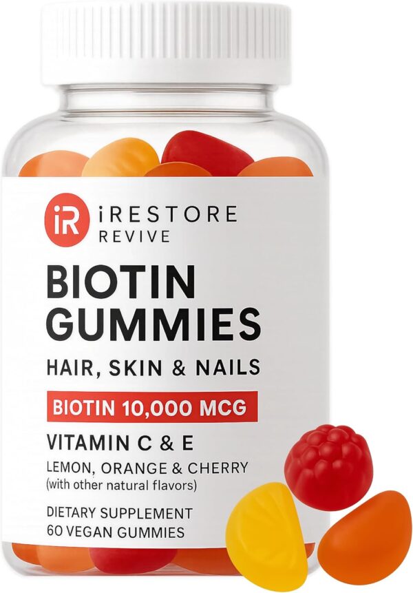 71GKv7XdwwL._AC_SL1500_.jpg iRestore Biotin Gummies 10,000 mcg - 3 Natural Fruit Flavors, Hair Vitamins Multi Supplement for Hair Skin and Nails for Women & Men, 60 Vegan Gummies, 30 Day Supply