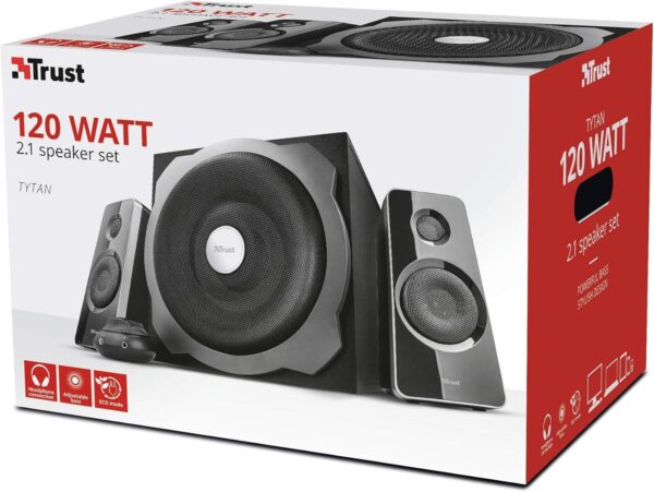 Trust Tytan 2.1 PC Speakers with Subwoofer, 120W (60W RMS), UK Plug, Sound System with Wired Volume Control, Jack 3.5 mm, Computer Speakers for PC, Laptop, TV, Tablet and Smartphone - Black