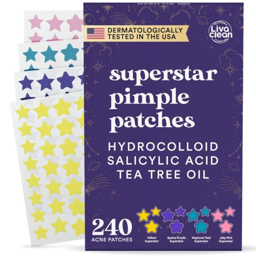 71HHqQM8cXL._SL1500_.jpg Livaclean 240CT Star Pimple Patches for Face w/ Hydrocolloid, Tea Tree oil & Salicylic Acid - Zit Stickers, Hydrocolloid Acne Patches for Face - Cute Pimple Patch, Acne Stickers