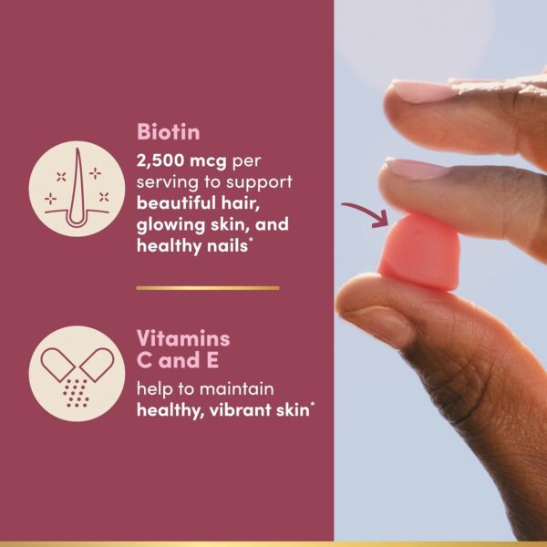 71HVLrQyTlL._AC_SL1500_.jpg Nature's Bounty Optimal Solutions Hair, Skin and Nails Pectin Gummies, 2500 mcg Biotin Per Serving, No Stick Gummy, Vegetarian Formula, Strawberry Flavor, 200 count, 100 Total Servings