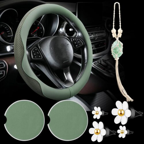 BBTO Sage Green Car Accessory Set - Steering Wheel Cover, Ceramic Coasters, Daisy Flower Air Vent Clip, Crystal Car Hanging Ornament