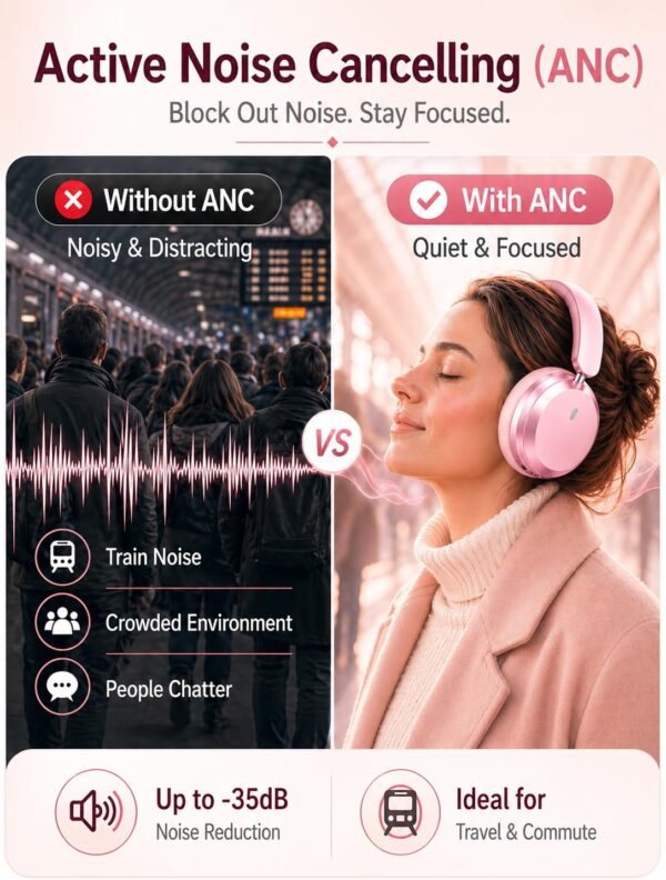 Wentronic Y05 Bluetooth Over-Ear Headphones with Active Noise Cancelling, Hi-Res Audio, 48H Playtime, Built-in Mic, Wired/Wireless, Works with iOS, Android & PC, Pink