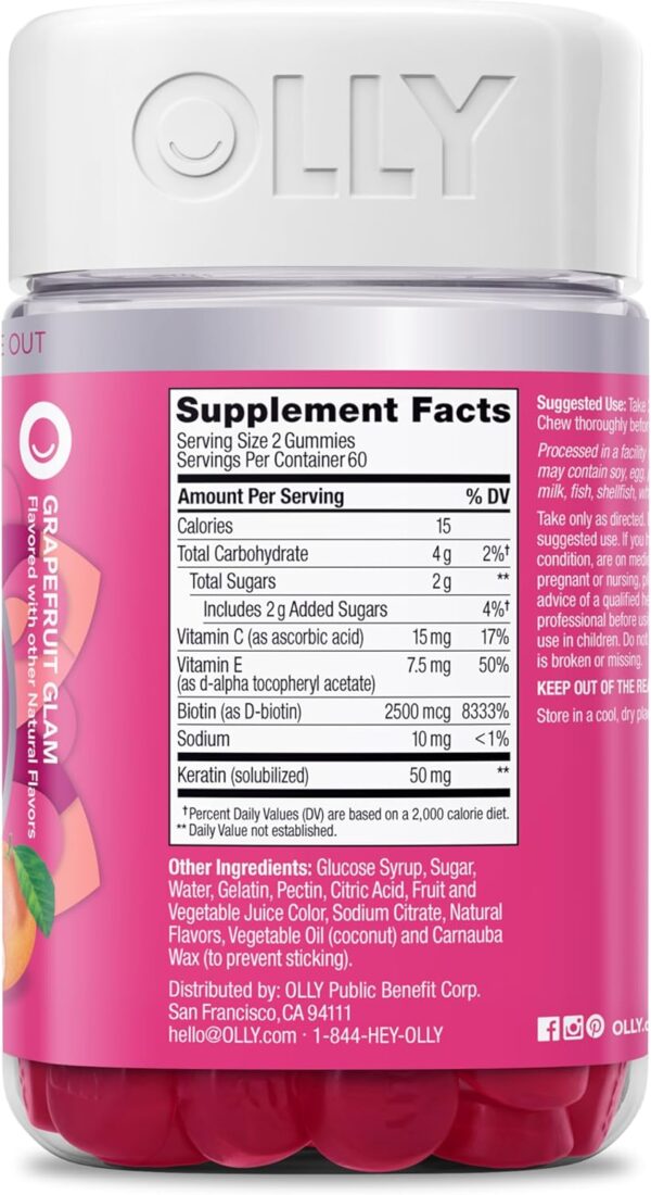71Idqzy6MZL._AC_SL1500_.jpg OLLY Hair Skin and Nails Gummies - Undeniable Beauty with Biotin 2500mcg Per 2 Gummies, Keratin & Vitamin C - Supports Healthy Hair, Skin, & Nails - Grapefruit Flavor - 120 Count