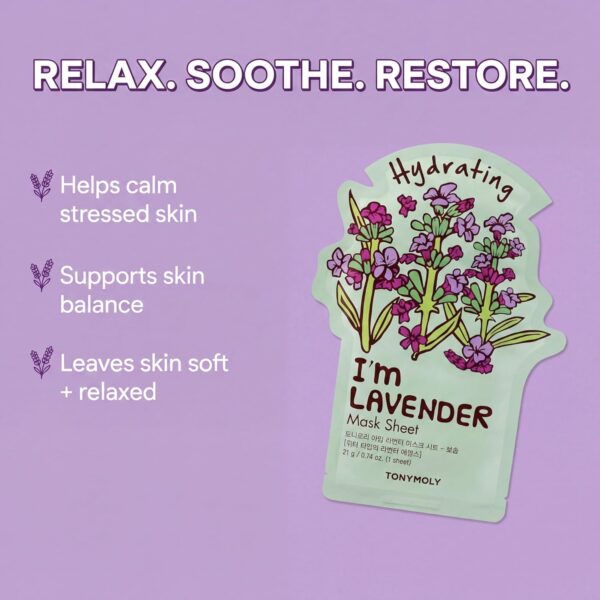 TONYMOLY I’m Lavender Sheet Mask – Korean Hydrating & Moisturizing Face Mask with Vitamin Infused Lavender & Rosemary Extract, Soothes Skin