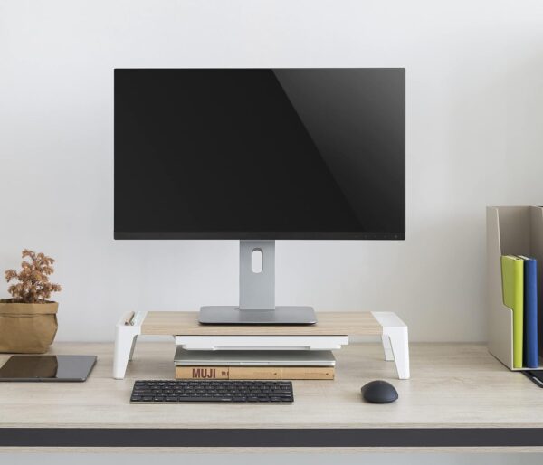 Properav Universal Computer Monitor Desk Riser Stand with Drawer Storage for PC TV Laptop - Wood Effect