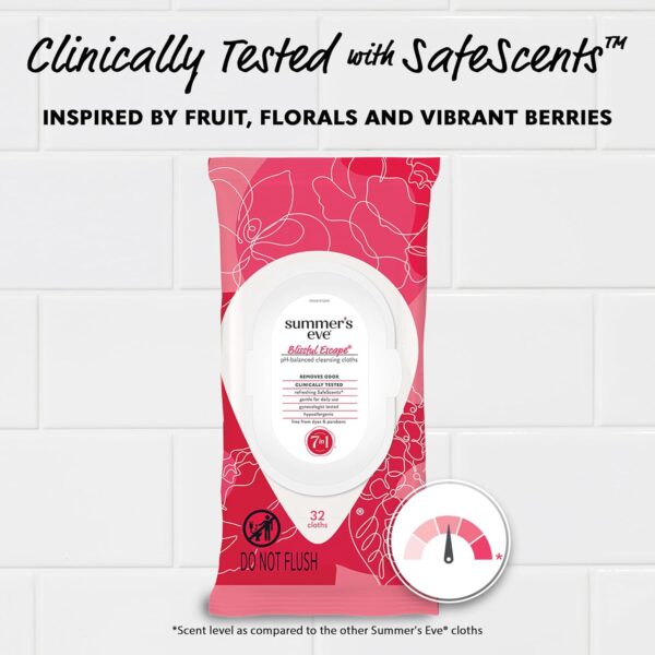 71JT9xwKxuL._SL1500_.jpg Summer's Eve Blissful Escape Feminine Wipes, Gentle pH-Balanced Formula Helps Control Vaginal Odor, Resealable Pack, 32 Wipes