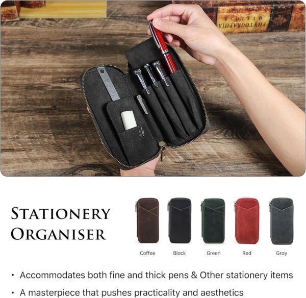 71JoFFOAeAL._AC_SL1500_.jpg CONTACTS Genuine Leather Pen Case Handmade Vintage Pen Holder Zip Pouch for Men/Women Travel Elegant Office Desk Accessories Pencil Organizer Box Grey