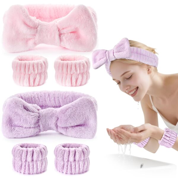 71K5YgNFmHL._SL1500_.jpg Dorbetar 6Pack Headband and Wristband Set for Washing Face, Spa Skincare Makeup Headband, Soft Puffy Hair Band Bow Tie, for Women and Teen Girl Trendy Stuff Gifts