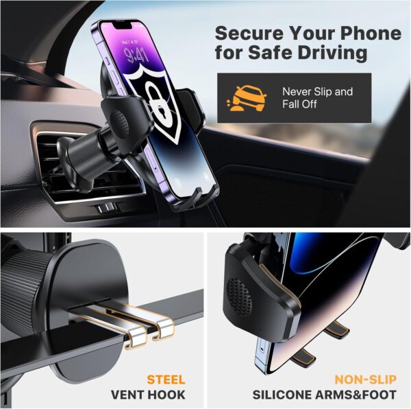 Miracase Mobile Phone Holder Car [More Stable Double Hook] Mobile Phone Holder for Cars Ventilation Universal 360 Degree Vent Car Holder for iPhone 16 Pro Max 15 14 Smartphone