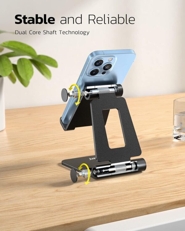 71LbGCCUrFL._AC_SL1500_.jpg Nulaxy Fully Aluminum Phone Stand, Dual Folding Angle Height Adjustable Mobile Holder Cradle for Desk Compatible with iPhone 17 16 15 14 13 12 11 Pro Max XR Xs X, Galaxy, Nintendo Switch, All Phones