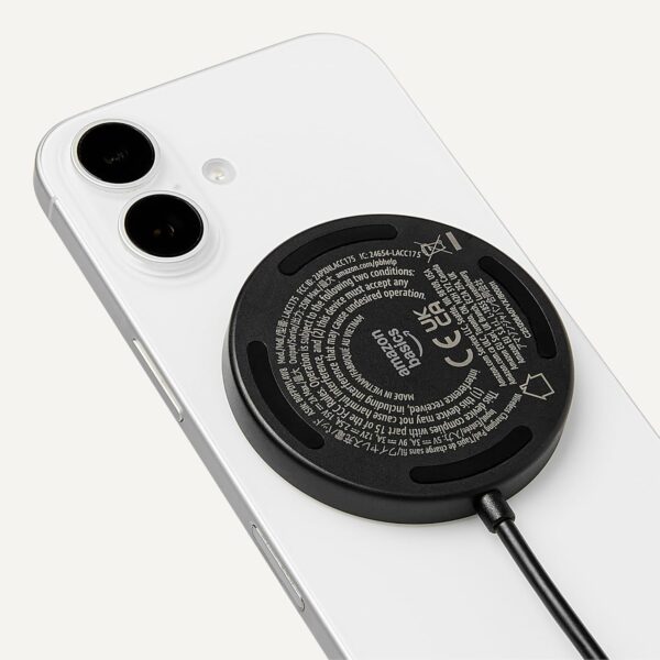 71M9tzFj2AL._AC_SL1500_.jpg Amazon Basics 25W Qi2.2 Certified Wireless Charging Pad, MagSafe Compatible for iPhone 17/16/15/14/13/12, Magnetic Compatible for Android, Google Smartphones, Black (Adapter Not Included)