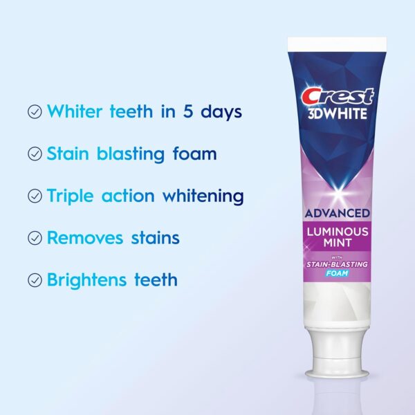 71MgehRrSqL._AC_SL1500_.jpg Crest 3D White Advanced, Teeth Whitening Toothpaste for Adults, 3.7 oz, 4 Pack, Cavity Protection Fluoride Toothpaste, Strengthens Enamel, Travel Size Toiletries