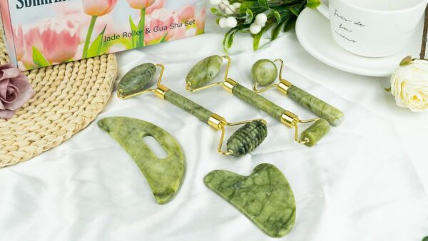 Jade Roller & Gua Sha Set 5-in-1, Full Body Massage Tools | Gua Sha Facial Tool Set Portable cooling Xiuyan Jade design for skincare, travel and gifting.