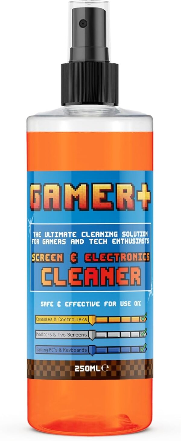 Gamer +, Screen Cleaner - Streak-Free Spray for Gaming Monitors, TVs, Laptops, Consoles, Controllers, Keyboards, Smartphones & Tablets - Removes Dust, Smears & Fingerprints - 250ml