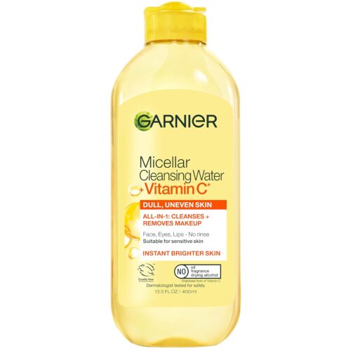 71NRm1IppRL._SL1500_.jpg Garnier Micellar Water with Vitamin C, Facial Cleanser & Makeup Remover, Brightening & Hydrating, For All Skin Types, Vegan, Cruelty Free, 13.5 Fl Oz (400mL), 1 Count