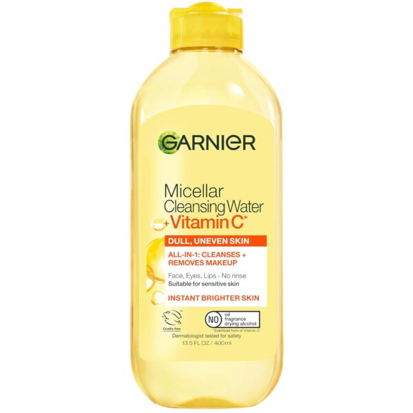 Garnier Micellar Water with Vitamin C, Facial Cleanser & Makeup Remover, Brightening & Hydrating, For All Skin Types, Vegan, Cruelty Free, 13.5 Fl Oz (400mL), 1 Count