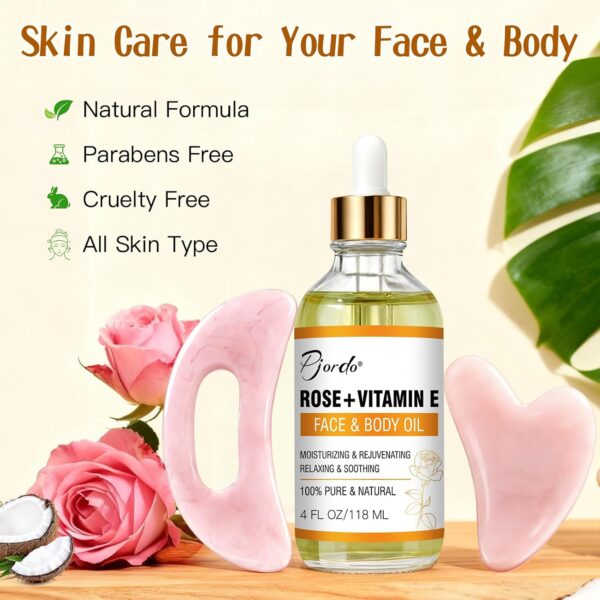 Pjordo Vitamin E Rose Oil & Gua Sha Massage Tools Set, Gua Sha Oil for Face & Body, Organic Vitamin E Oil for Moisturizing and Hydrating, Anti Aging, Self Skin Care Gifts for Her Women