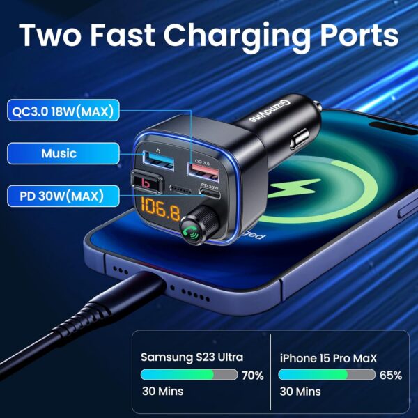 GizmoVine Bluetooth Car Adapter, FM Transmitter with Bass Boost, Wireless Hands-Free Call Kit, Audio Receiver, USB C QC PD 30W Fast Charger, 12V Cigarette Lighter, U Disk MP3 Music Player