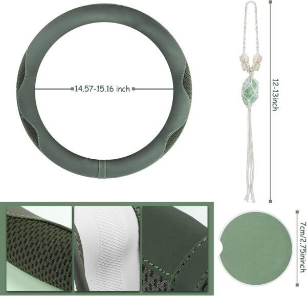 71OqKIiHRDL._AC_SL1500_.jpg BBTO Sage Green Car Accessory Set - Steering Wheel Cover, Ceramic Coasters, Daisy Flower Air Vent Clip, Crystal Car Hanging Ornament