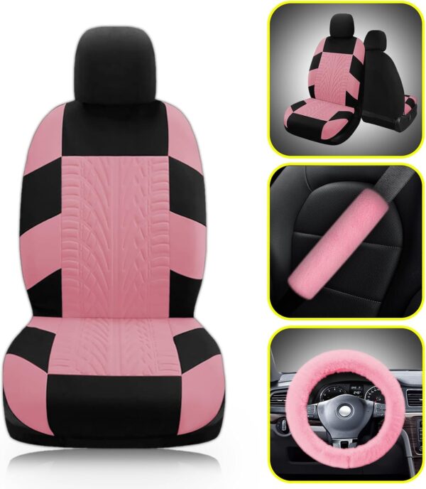 17 Car Seat Cover Full Set for Women, Universal Car Seat Cover, Plush Steering Wheel Cover, Fluffy Soft Wool Handbrake Gear, Suspension Accessories Full SUV(Patterned Pink)