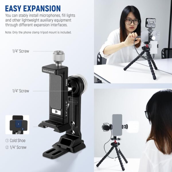 71PgejwreL._AC_SL1500_.jpg NEEWER Smartphone Tripod Mount Aluminum Alloy, 360° Rotatable Phone Stand Holder Clamp with Cold Shoe & Arca Type Base Compatible with iPhone 15 Pro Max Galaxy S24 Ultra Pixel & 2.6"-4" Wide Phones