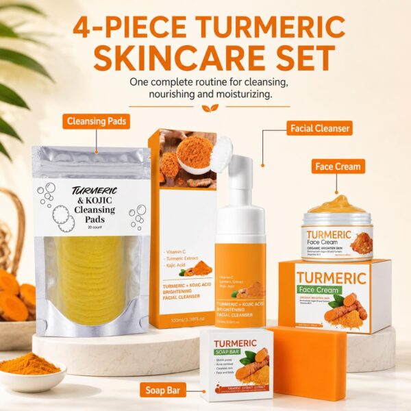 71QnLqcIVaL._SL1254_.jpg 4-Piece Turmeric Skincare Set with Face Wash, Cream, Soap Bar, Bubble Net, Facial Cleanser for All Skin Types, Soothing Hydrating Formula