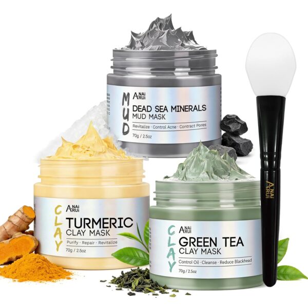 71RB65eJuL._SL1500_.jpg ANAI RUI 3 Pcs Face Mask Set - Turmeric Clay Mask - Green Tea Face Mask - Dead Sea Mud Mask for Oily Skin, Blackheads & Pores -Spa Gift Set Self Care for Women Teens 2.5 oz Each