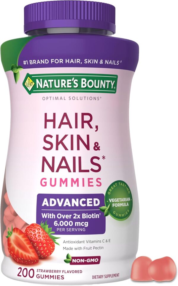 71RXBs76miL._AC_SL1500_.jpg Nature’s Bounty Optimal Solutions Advanced Hair, Skin and Nails Pectin Gummies, 2x Biotin Per Serving, No Stick Gummy, Vegetarian Formula, Strawberry Flavor, 200 ct, 100 Total Servings