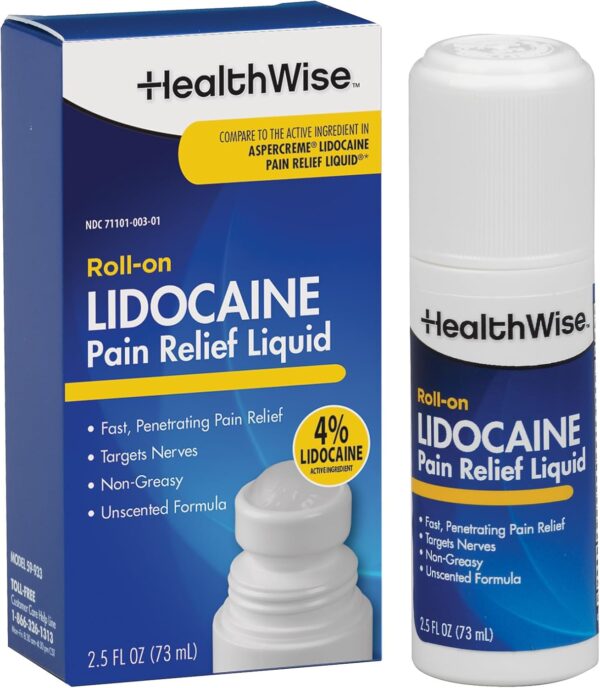 71RiUL7Q0-L._AC_SL1500_.jpg HealthWise 4% Lidocaine Roll-On | OTC Strength | Pain Relief Liquid | 2.5 oz. 73 mL | Non-Greasy, Unscented Formula | Topical Anesthetic