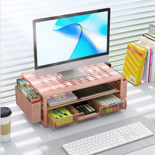 gianotter Desk Computer Monitor Stand with Drawer and 2 Pen Holders, Desk Organizer for Women, Home Office Essentials (Rose Gold)