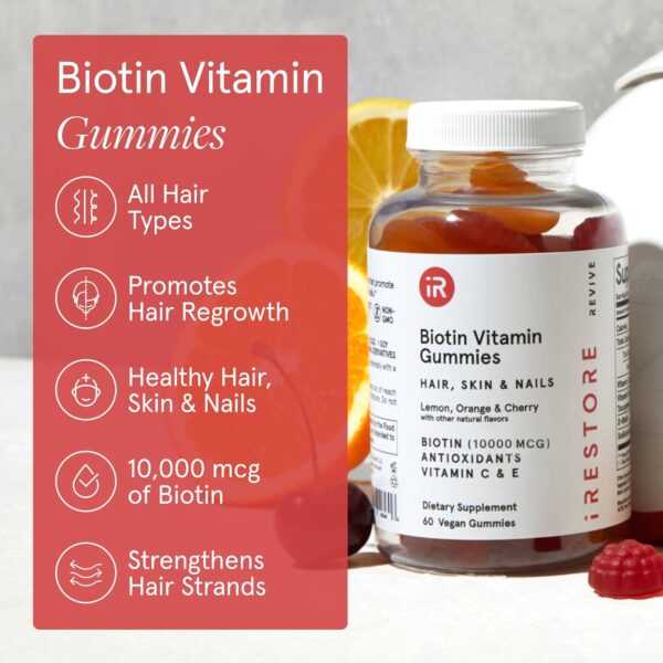 71SEoJFmZL._AC_SL1500_.jpg iRestore Biotin Gummies 10,000 mcg - 3 Natural Fruit Flavors, Hair Vitamins Multi Supplement for Hair Skin and Nails for Women & Men, 60 Vegan Gummies, 30 Day Supply