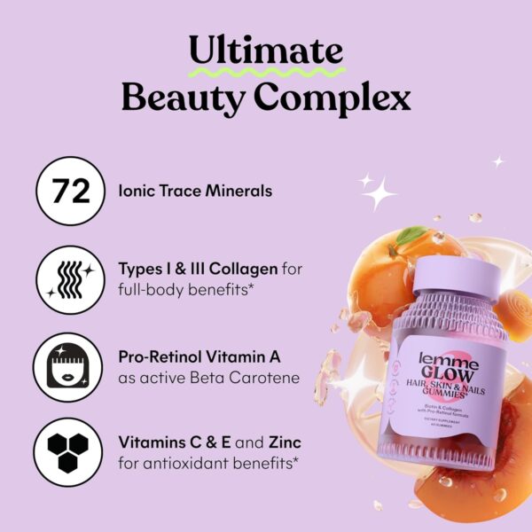 71SnfGFdT7L._AC_SL1500_.jpg Lemme Glow Collagen Gummies for Thick Hair, Strong Nails & Healthy Skin with Multi-Collagen Peptides, Biotin, Trace Minerals, Zinc, Vitamins A, C & E, Dairy & Gluten Free, Peach Flavor, 60 ct.