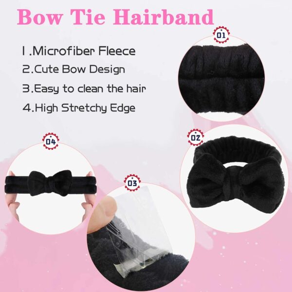 WSYUB Makeup Headbands, 1pcs Black Spa Headband Fluffy Bow Tie Headband Microfiber Face, and 2Pcs Wrist Spa Wash Band Absorbent Wristbands, for Washing Face Skin Care