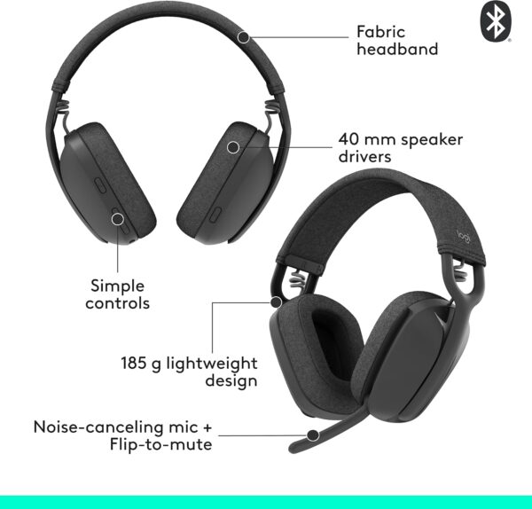 Logitech Zone Vibe 100 Lightweight Wireless Over Ear Headphones with Noise Canceling Microphone, Advanced Multipoint Bluetooth Headset, Works with Teams, Google Meet, Zoom, Mac/PC - Graphite