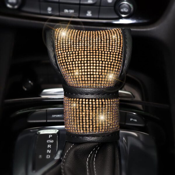 ToBeQueen Gold Steering Wheel Cover Set 15 inch,7 Pack Crystal Rhinestone Diamond Bling Gold Car Accessories,Seat Belt Cover,Gold Gear Shift Push Start Button Cover, Cup Coasters,Champagne