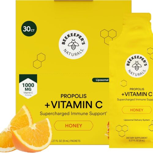 Propolis Liposomal Vitamin C by Beekeeper's Naturals, 1000mg Vitamin C, Propolis & Organic Honey, Supercharged Immune Support & Increased Bioavailibity for Max Absorption, 30 Ct