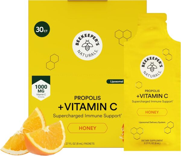 Propolis Liposomal Vitamin C by Beekeeper's Naturals, 1000mg Vitamin C, Propolis & Organic Honey, Supercharged Immune Support & Increased Bioavailibity for Max Absorption, 30 Ct
