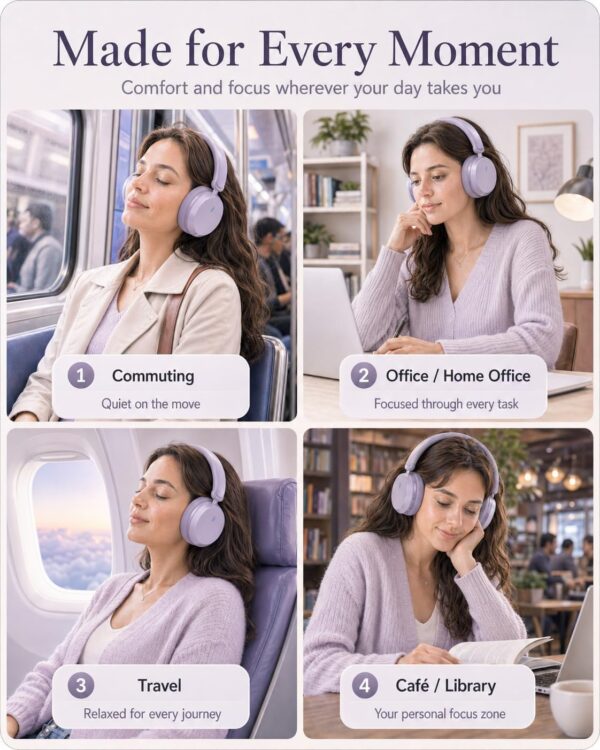 Wentronic Y05 Bluetooth Over-Ear Headphones with Active Noise Cancelling, Hi-Res Audio, 48H Playtime, Built-in Mic, Wired/Wireless, Works with iOS, Android & PC, Purple