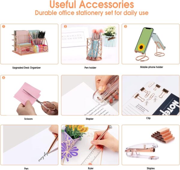KAAKOW Rose Gold Desk Organizers and Accessories Office Supplies Set Stapler, Pen Holder, Phone Holder, Scissors, Pen, Ruler, 30 Paper Clips, 22 Binder Clip, 20 Tacks and 1000pcs Staples