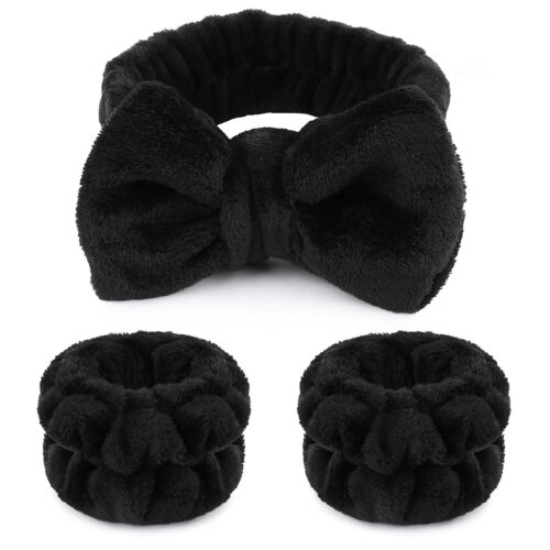 71WkglRWD-L._SL1500_.jpg WSYUB Makeup Headbands, 1pcs Black Spa Headband Fluffy Bow Tie Headband Microfiber Face, and 2Pcs Wrist Spa Wash Band Absorbent Wristbands, for Washing Face Skin Care