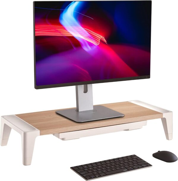 Properav Universal Computer Monitor Desk Riser Stand with Drawer Storage for PC TV Laptop - Wood Effect