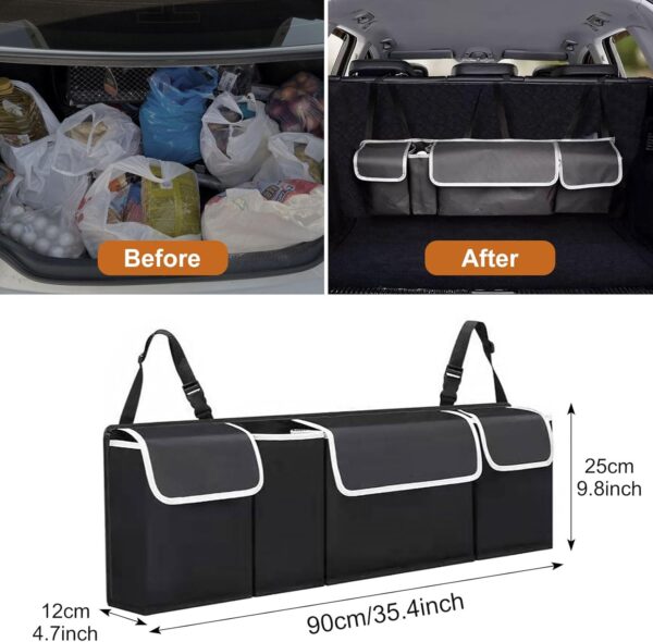 71XybeSx37L._AC_SL1500_.jpg ASelected Car Trunk Organizer 90 x 25 x 12 cm with Adjustable Straps for SUV Foldable with Multiple Compartments Waterproof PVC Trunk Storage Space Saving, Black