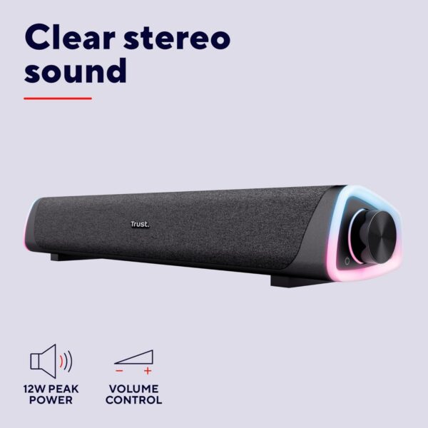 71YYLyWCpqL._AC_SL1500_.jpg Trust Liro Soundbar PC Speaker 12W, Compact Stereo Sound Bar with RGB LED Lights, 3.5mm AUX Cable Connection, USB Powered PC Speakers for Computer Laptop Desktop Tablet Smartphone TV, Black