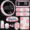 JINGSEN11 11-Piece Fluffy Car Accessories Set - Plush Steering Wheel Covers, Soft Fleece Handbrake & Shift Covers, Non-Slip Car Trim Decorations (Pink)