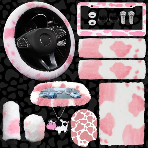 JINGSEN11 11-Piece Fluffy Car Accessories Set - Plush Steering Wheel Covers, Soft Fleece Handbrake & Shift Covers, Non-Slip Car Trim Decorations (Pink)