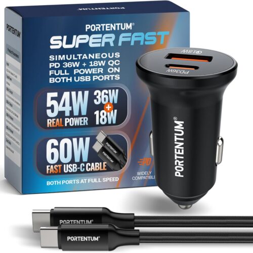 71Zq4FeYm5L._AC_SL1500_.jpg PORTENTUM Car Charger Adapter 54W + 60W USB-C Cable included – Dual and simultaneous – USBC PD 36W + USBA QC 18W – Cigarette Lighter USB Charging for iPhone iPad Android Tablet Smartphone