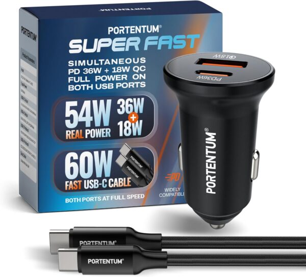 71Zq4FeYm5L._AC_SL1500_.jpg PORTENTUM Car Charger Adapter 54W + 60W USB-C Cable included – Dual and simultaneous – USBC PD 36W + USBA QC 18W – Cigarette Lighter USB Charging for iPhone iPad Android Tablet Smartphone