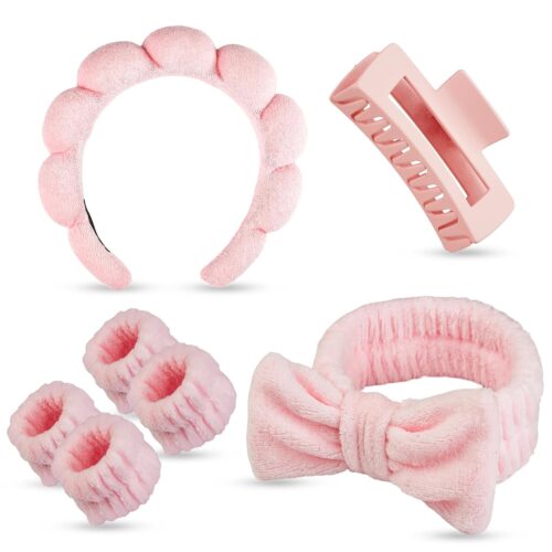 71al2EYLvZL._SL1500_.jpg 7 Pcs Spa Set, Facial Headband and Wristband Set, Skincare Accessories, College Style Girl Idea Gifts, Hair Accessories for Women and Girls (Pink)